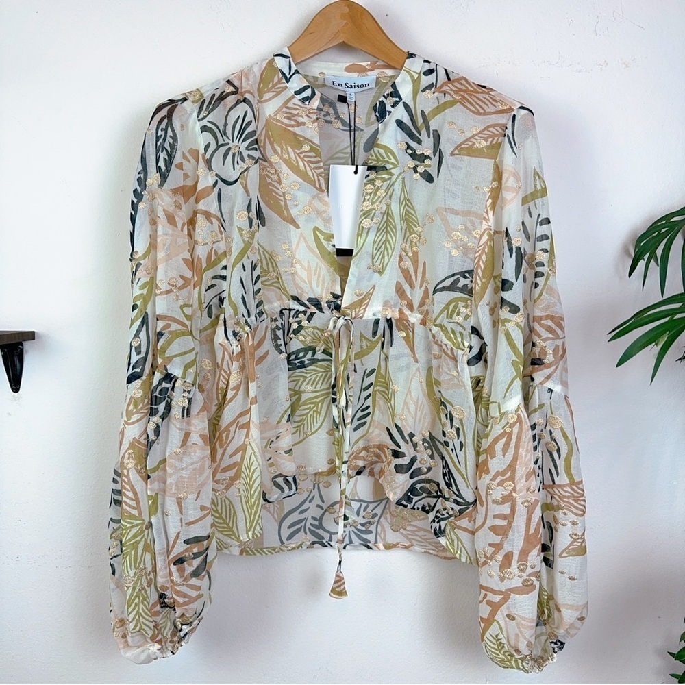 En Saison Nina Tropical Print Tie Closure Long Sleeve Blouse Top Small - Picture 8 of 12